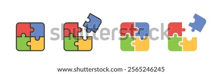 Four piece of puzzles icon. Jigsaw outline templates. Four pieces puzzle or teamwork concept Filled and outlined. Business concept, idea, strategy. Vector icons in flat style