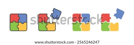 Four piece of puzzles icon. Jigsaw outline templates. Four pieces puzzle or teamwork concept Filled and outlined. Business concept, idea, strategy. Vector icons in flat style