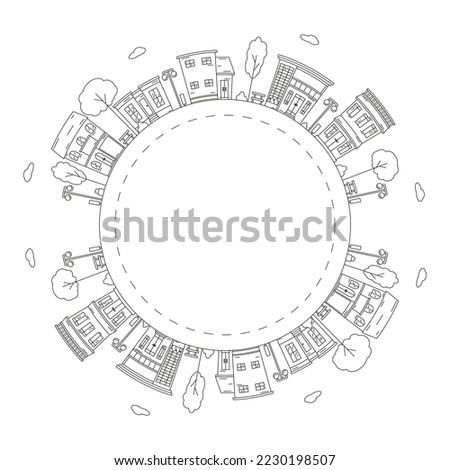 Round frame with a drawing of a city landscape, made in the style of line art. Editable stroke. Element for creating a logo or emblem. Vector illustration isolated on white background