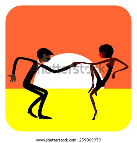 Man and woman dancing. Dancing couple.  Caricature. Flat. Dark-skinned people. Sports dance.
