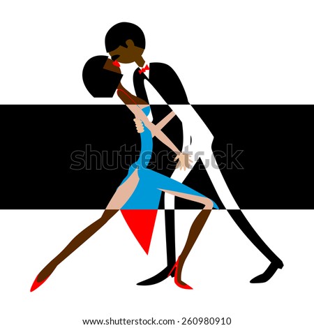 Man and woman dancing. Dancing couple. Caricature. Flat. Sports dance. Dark-skinned people.
