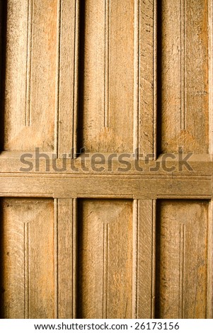 Ancient gothic wooden door panel with texture from side lighting
