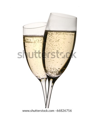 Sparkling wine in two glasses clinked in toast to celebrate event. Isolated on white.