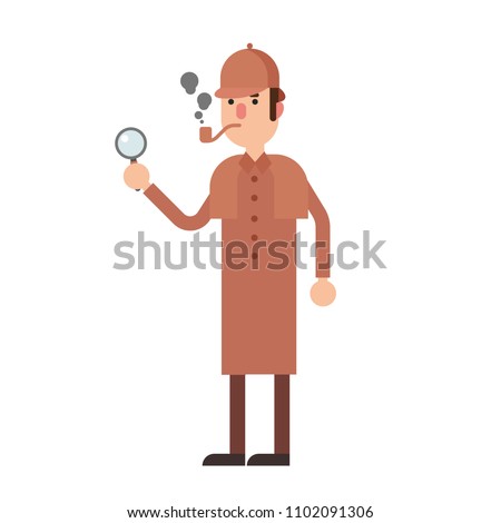 Detective Sherlock Holmes With Magnifying Glass and Smoking Pipe. Flat Illustration