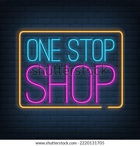 One Stop Shop neon sign vector on a brick wall. Shoping design template, light banner, night signboard.. Vector illustration.