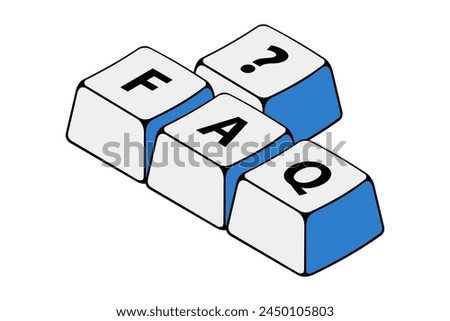 Isometric keyboard buttons with question mark and FAQ (frequently asked questions). FAQ word written with computer keyboard buttons. Computer keyboard keys. Vector illustration.