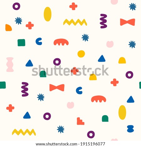 Seamless pattern of primitive shapes for children. Collection different shapes colorfully. Hand drawn, Memphis style, retro design. Elements for web, scrapbooking, stickers, wallpaper, poster.