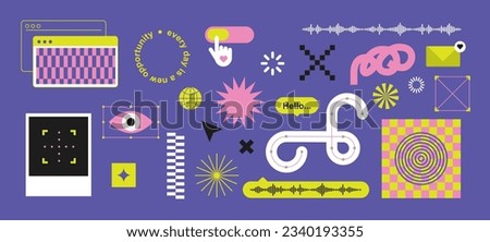 Trendy stickers Y2k. Flat design. Checker board print Retro elements. Bright colors and funky typography. Contrasting colors, zine aesthetic. Vectored shapes, retro vibes. Hand, eye and curve.