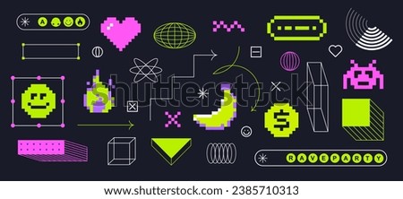  Y2k trendy playful stickers. Geometric Brutalism. Line art. Pixels elements in the mood of 90's aesthetics. 8-bit retro illustration. Bright colors. Black background. Space, character, gamification