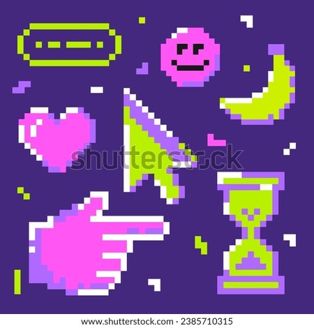  Y2k trendy stickers. Geometric Brutalism UI. Pixels elements in the mood of 90's aesthetics. 8-bit retro style illustration. Bright colors. Heart, tetris, cursor, banana, 