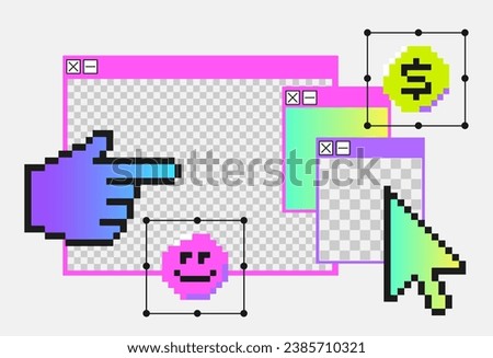Geometric Brutalism UI. Y2k trendy stickers. Pixels elements in the mood of 90's aesthetics. 8-bit retro style illustration. Bright colors. Hand, coin, cursor, emoji, 
