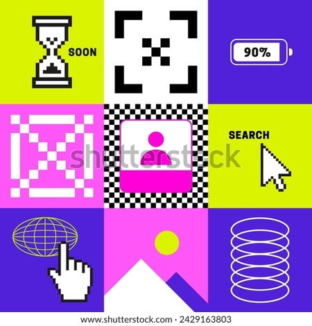 Trendy Retro Digital square composition. futuristic, pixels cursor, web aesthetics. Vibrant colors. Social media template in psychedelic style. Retro Pixels elements in the mood of 90's aesthetics.