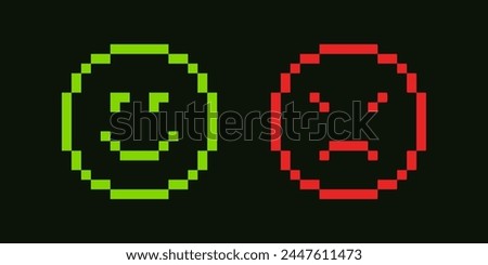 Pixelated minimalist emoticon, bad and good mood quality. Pixel art. arcade game elements or icons. 8-bit smile and angry expression. Upset and mad