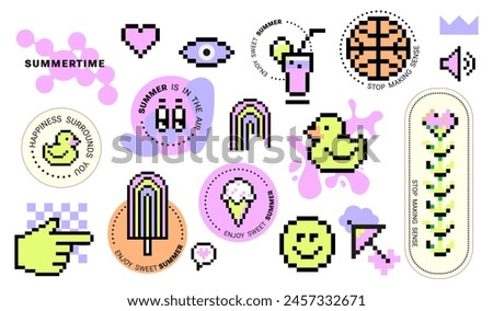 Pixel art Y2k Summer retro sticker pack. Funny naive summertime design elements. 8bit game icons for gen Z and Kids Print with Nice Text for cover, t-shirt. Hand drawn shape, pixelated ice-cream, duck