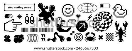 Trendy retro stickers Y2k. Flat pixelated design. Cool pop art elements. Retro elements. Black and funky typography. zine aesthetic. Vectored shapes, retro vibes. Seagull, duck, liquid form.