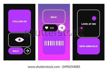 Social media post mockup vector like, share, save, icon set. Bento web design. Futuristic simple shapes. Brutalist style. Y2K Geometry elements, vertical composition for mobile. Visible borders