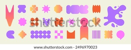 Y2K design elements. Trendy abstract minimalist figures, stars, blobs, flowers, circles, heart. Set of stickers, labels. Flat design. Gradients. Vectored shapes, retro vibes. Vector illustration.