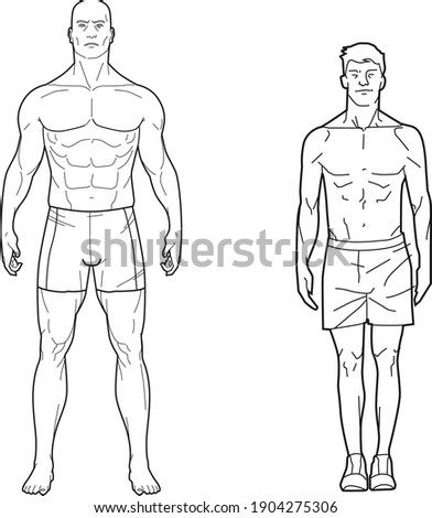 Strong and muscular man next to thin man, made in vector only with lines