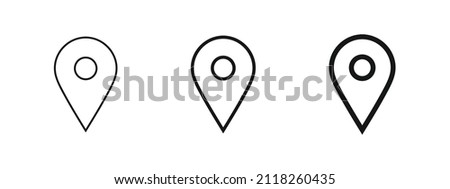 Location pin icon, map pointer marker symbol, gps map pin icon button in filled, thin line, outline and stroke style for apps and website	
