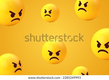 3d angry emoji face background collection. grumpy yellow emoticon for social network media - mad pouting emojis - anger, enraged, hate emoticon set - cute smiley smiling emoticons. Vector illustration