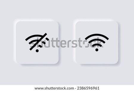 wireless and wifi icon signal symbol for internet access, internet connection - no internet signal icon, wi-fi connection icon, not connected signal wifi off sign. neumorphic neumorphism buttons