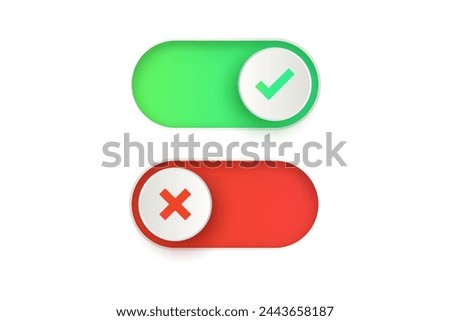 On Off toggle switch buttons, checkmark icons yes or no with switch slider in modern toggle, green tick and red cross symbols for user interface, apps and website