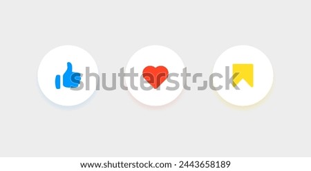 Like, love, save icon buttons and Thumbs up and heart flat icon in modern circle shapes , Social media notification icons. emoji post reactions set. Vector illustration	