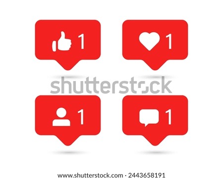 Social media notification icons in speech bubble. like, comment, follower, icon - thumb up, love icon notification. social network post reactions collection set. vector illustration