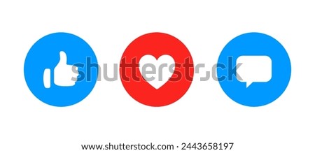 Like, love, comment icon buttons and Thumbs up and heart flat icon in modern circle shapes , Social media notification icons. emoji post reactions set. Vector illustration	