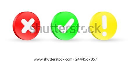 3d checkmark icon button with 3d exclamation mark icon correct incorrect and warning attention sign or check mark box frame with green tick and red cross symbols - yes or no 3d icons buttons