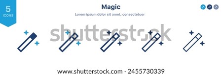 Magic wand icon and Sparkle stars icon set. magic tool icon, filters with sparks symbol, wizard magic stick button, miracle wish sign