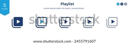 Video playlist icon, add to queue icon sign - library, watch, later, save, videos icons - video file list icon	

