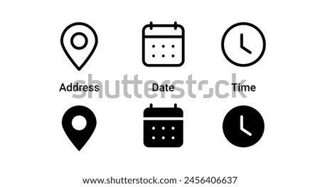 Address location icon. Stopwatch timer icon. Date Calendar icon - Web icons set