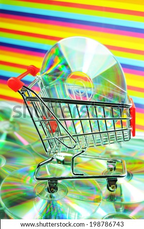 Shopping for music concept with CDs and shopping trolley