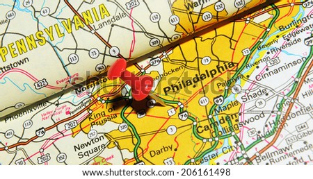 LONDON, UK - JUNE 13, 2012: Philadelphia, Pennsylvania marked with red pushpin on US map. Philadelphia is a major economic and cultural centre in North America