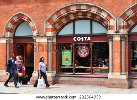 LONDON, UK - JULY 9, 2014: Entrance to a Costa coffee shop in central London.