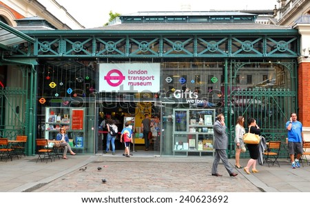 LONDON, UK - JULY 9, 2014: Tourists visit the London Transport Museum in Covent Garden, London.