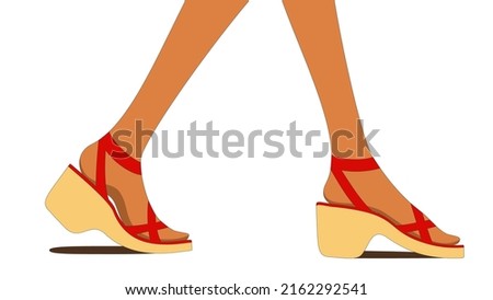 Illustration of feet of tanned young female walking in heeled sandals
