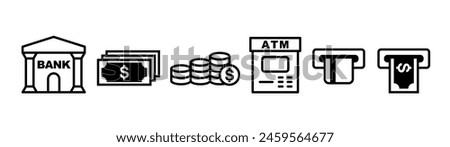 Bank concept icon set. Financial institution, dollar bills, coins and ATM machine.