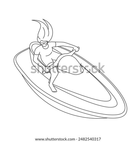 Young woman riding PWC. Black outline illustration.