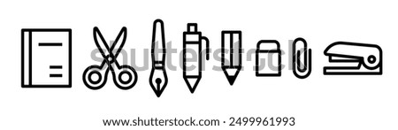 Stationery icon set. Notebook, scissors, pens, paperclip, stapler, eraser, etc.