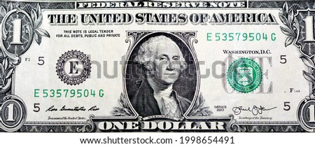One American dollar bill banknote, United States of America currency, obverse side of 1 dollar with an image of president George Washington, Highlight for the dollar bill. Money, Us currency ( USD )