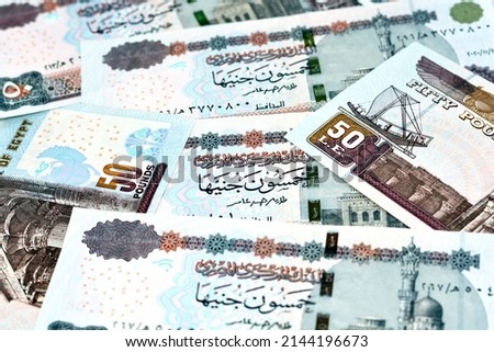 A pile of Egyptian money banknotes of 50 LE fifty pounds features Abu Hurayba Mosque on obverse side and n image of temple of Edfu, winged scarab and a pharaonic boat on the reverse, selective focus Foto stock © 