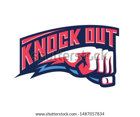 Flying fist with knock out sign. Hand punch modern vector illustration.