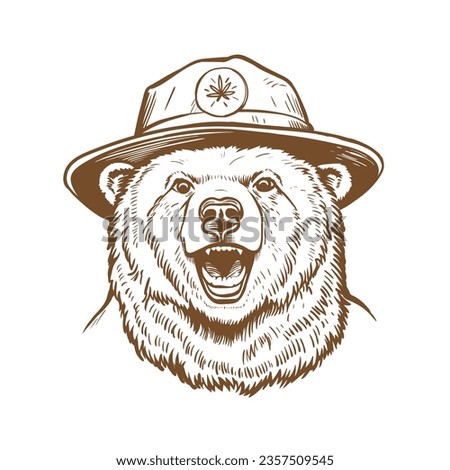 Californian bear in the ranger hat. Hand drawn vector illustration. 