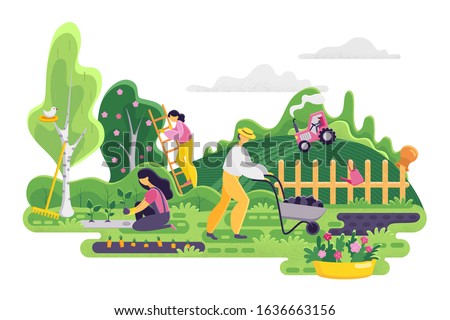 Gardening people on garden background. Spring landscape with garden tools, woman planting plants and man with a cart, girl on a ladder collects crops from a tree. Vector illustration. Panorama.