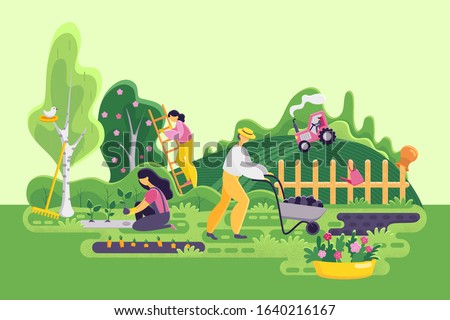 Farmers and gardeners in the garden. Woman sits vegetables, standing on the stairs. Worker carries cart with land or potatoes. Spring landscape. Gardening panorama. Flat style. Vector illustration.