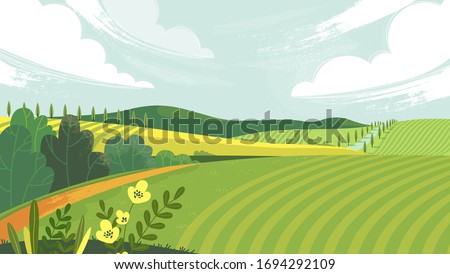 Countryside landscape with field, trees, grass and sky. Background of a sunny summer day in the village. Meadow vector flat style illustration. Green landscape with yellow fields. Lovely rural nature.