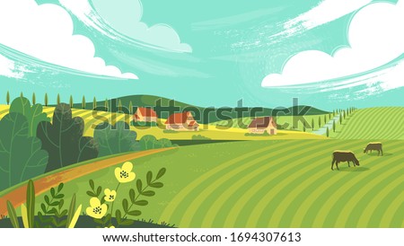 Rural landscape with field, trees, grass and cows. Ecologically clean area with blue sky and clouds. Village in the summer. Vector stock flat style illustration or background for eco products, banner.