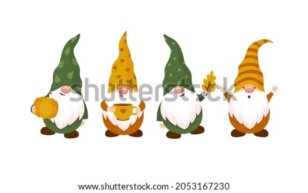 Autumn little gnomes isolated on white background. Gnome in a hat with a pumpkin, a cup and a leaf. Vector illustration. Fairy tale fall leprechauns characters for children's cards and invitations.